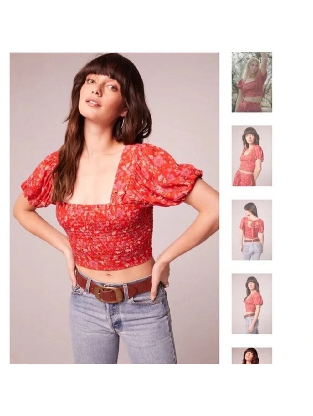 Band of Gypsies NWT Red Floral Smocked Crop Top Short Sleeve Size M